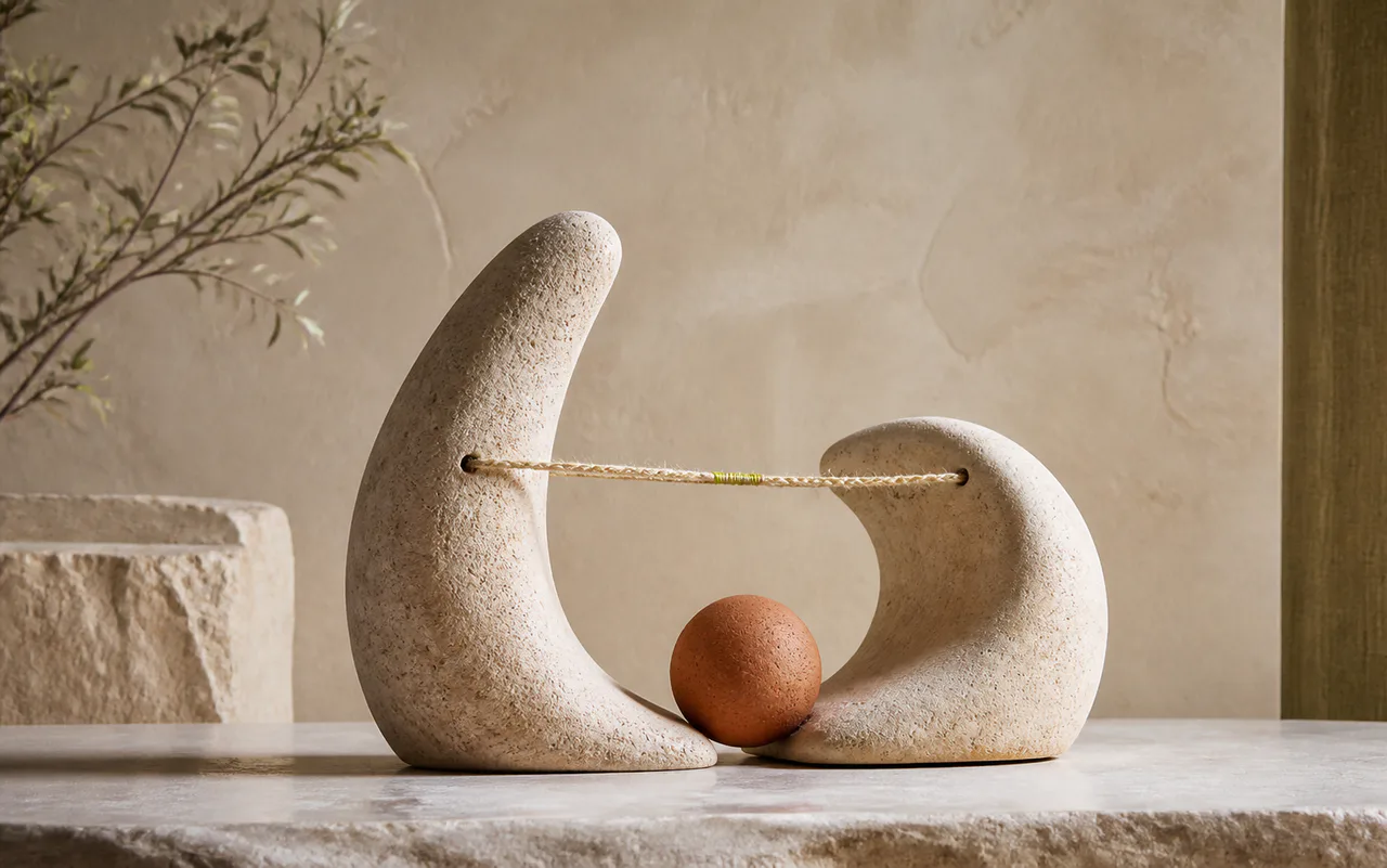 Two curved stone forms sheltering a warm ceramic sphere.
