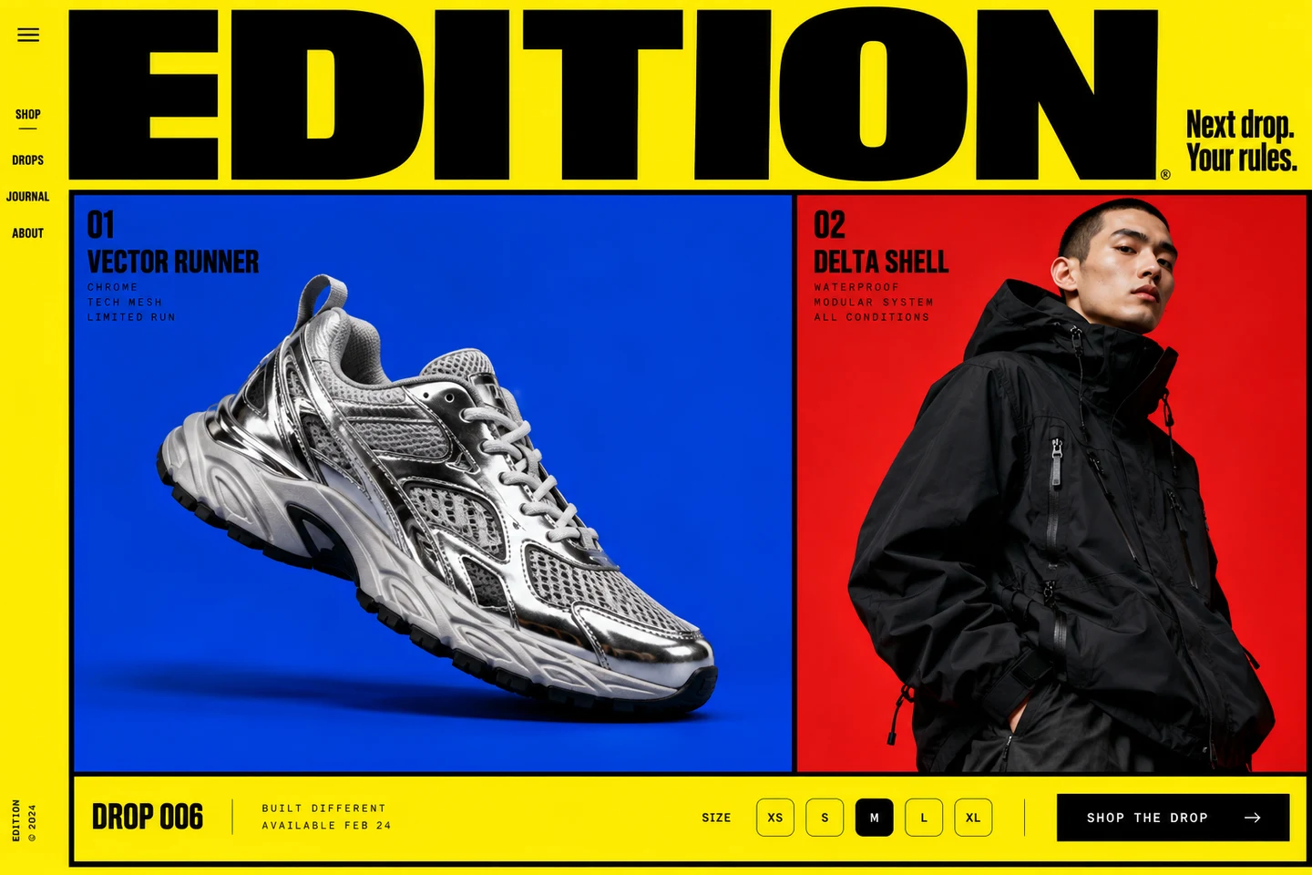 Bold streetwear storefront with giant typography, yellow borders, and oversized cobalt and red product tiles.