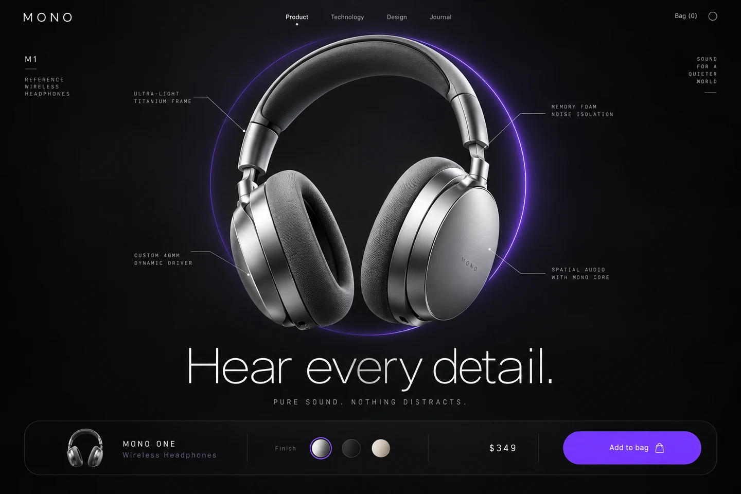 Dark single-product audio store with sculptural headphones, technical annotations, and a purchase dock.