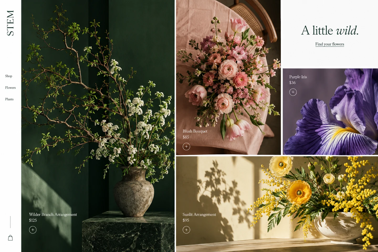 Florist storefront with a vertical navigation rail and a shoppable mosaic of flowers in different image formats.
