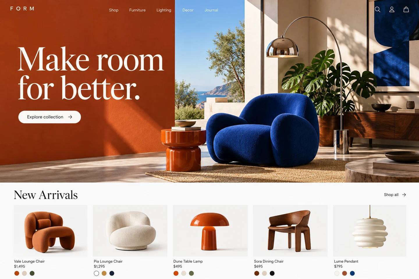 Modern furniture storefront with a blue sculptural chair, terracotta panels, and a furniture collection.