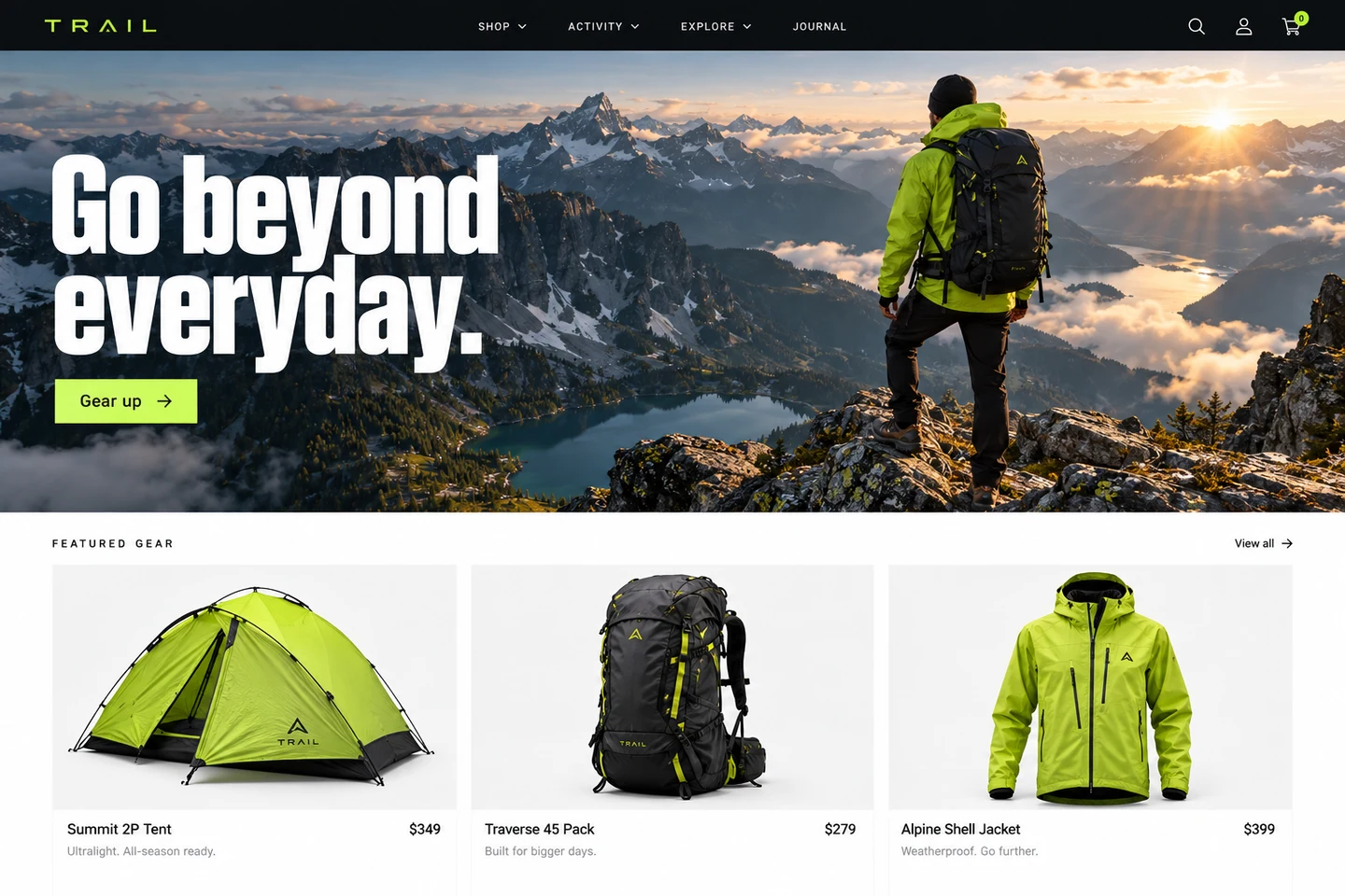 Outdoor equipment storefront with alpine photography, lime accents, and technical gear.